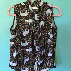 Darling Blouse, black with bright foliage, flowers and sloths!